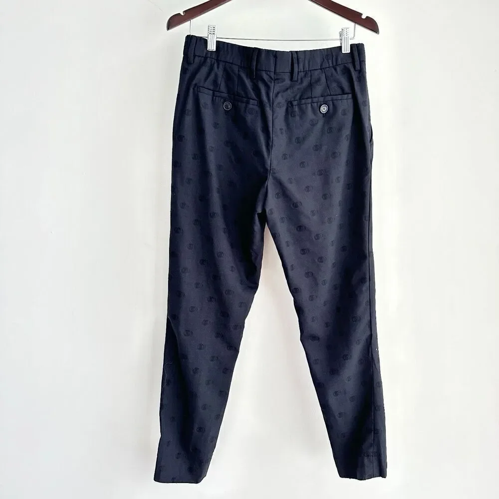 Burberry London Trousers Mens 30 x 28 Wool Monogram Embroidered‎ Jacquard Navy